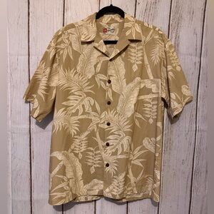 Hilo Hattie The Hawaiian Original Tan Tropical Leaf Button Down Shirt Size L